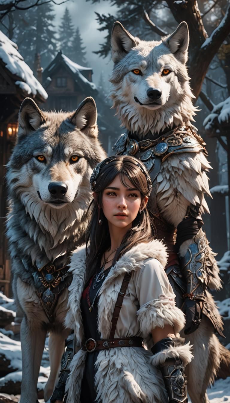 Girl with wolf ears standing beside her wolf of silver fur E...