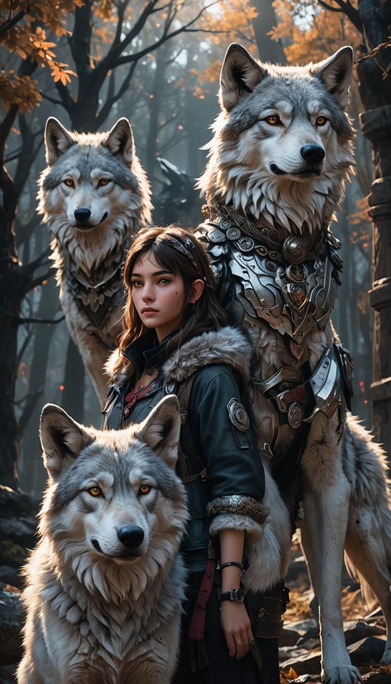 Girl with wolf ears standing beside her wolf of silver fur E...