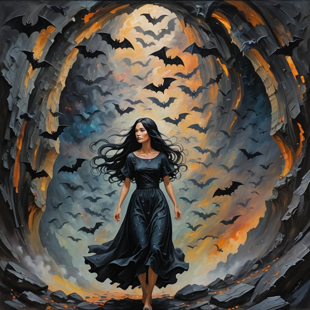 Ethereal Woman in Bat Cave: Expressionist Oil Painting