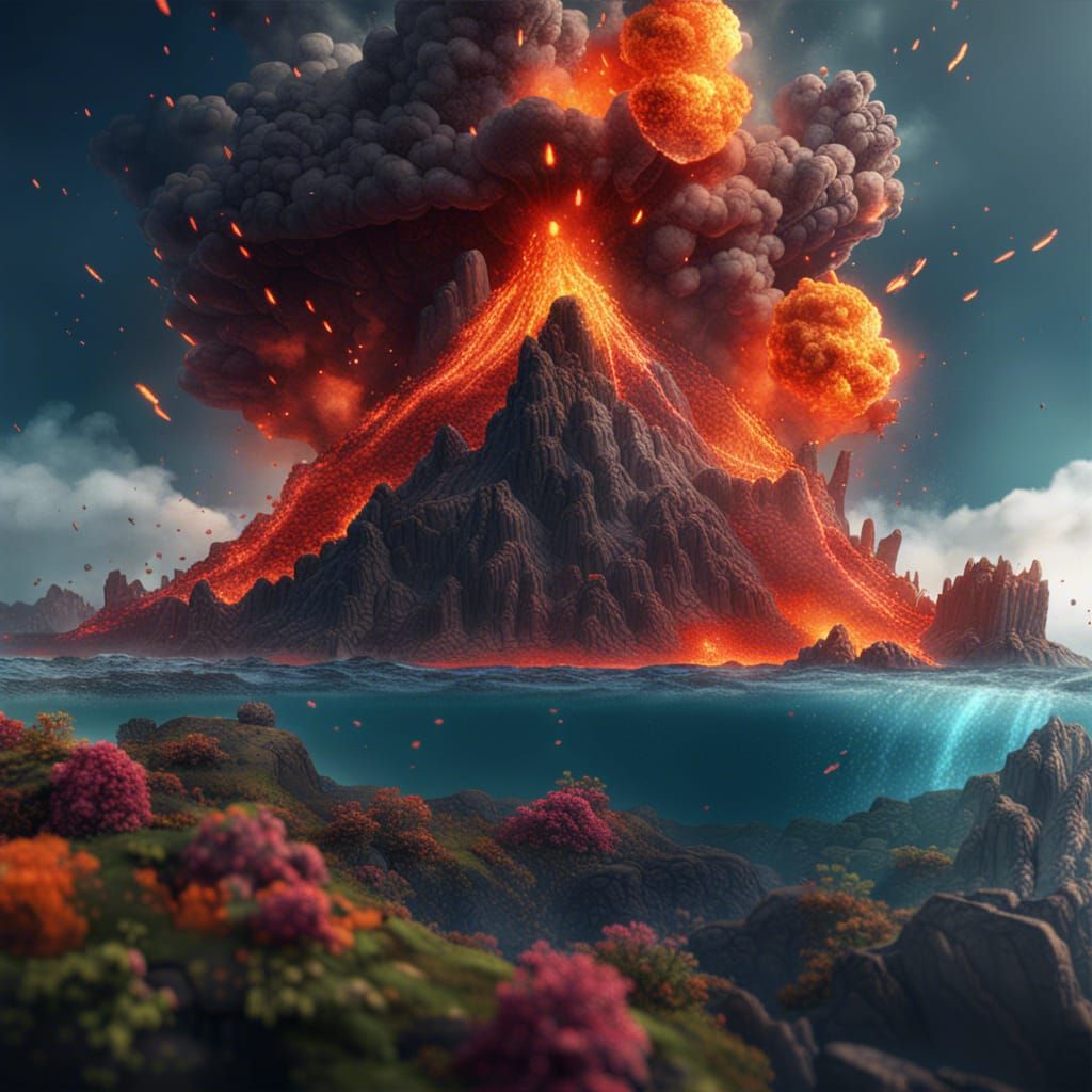 Volcanic Eruption on Floating Island in Fantasy Art