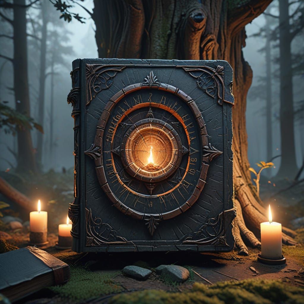 Epic Dark Forest Altar with Ancient Book and Flickering Cand...