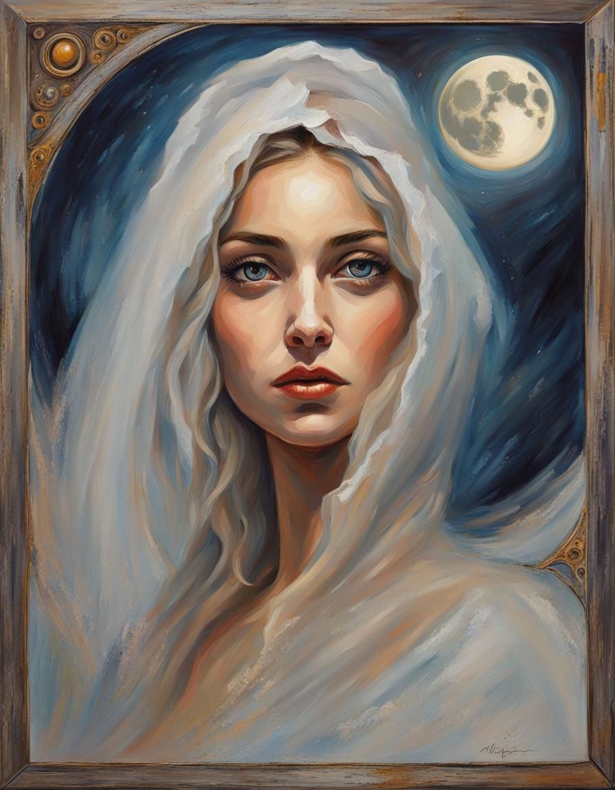 Mysterious Woman with Tarot Border in Oil Painting
