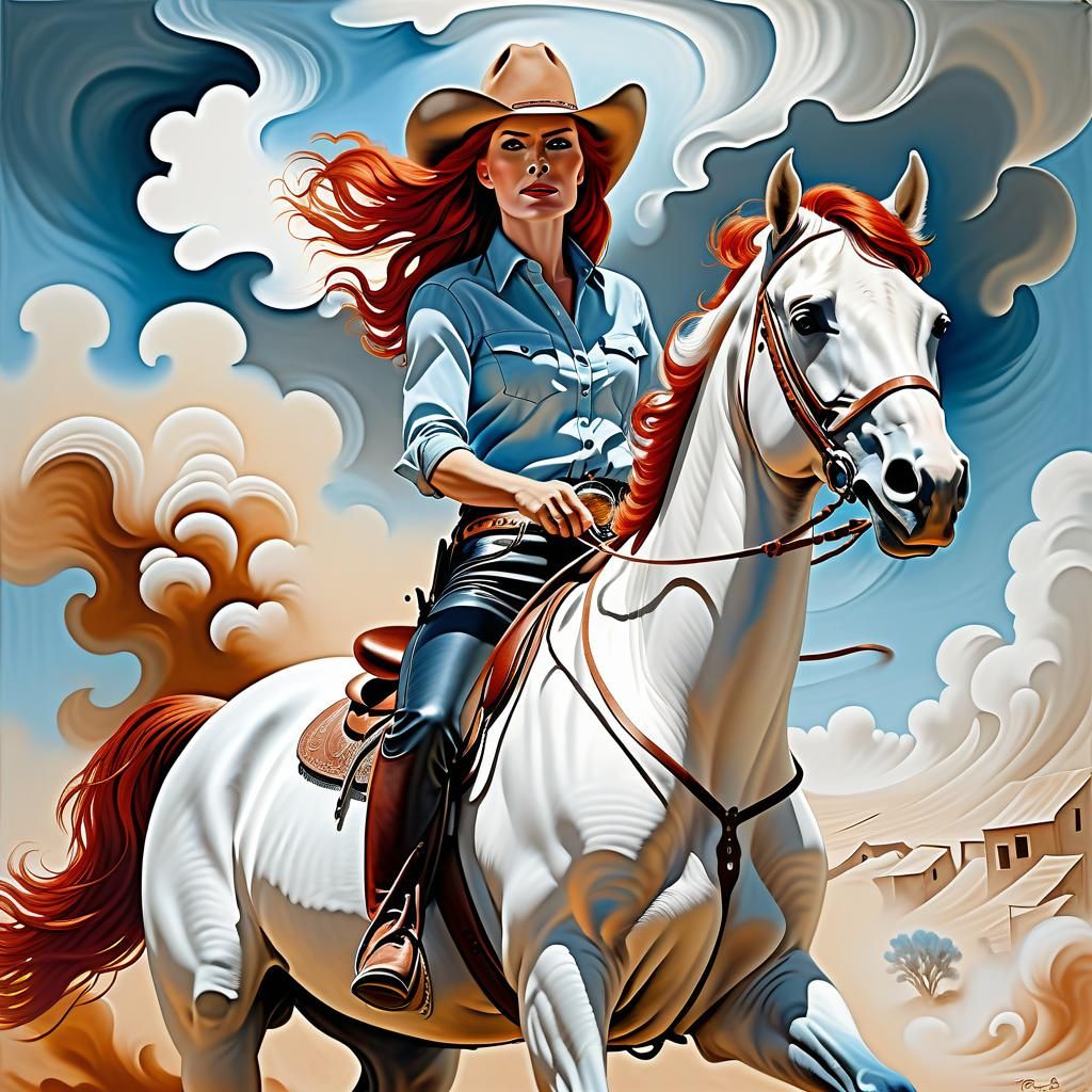 Cowgirl on White Horse in Surrealist Style