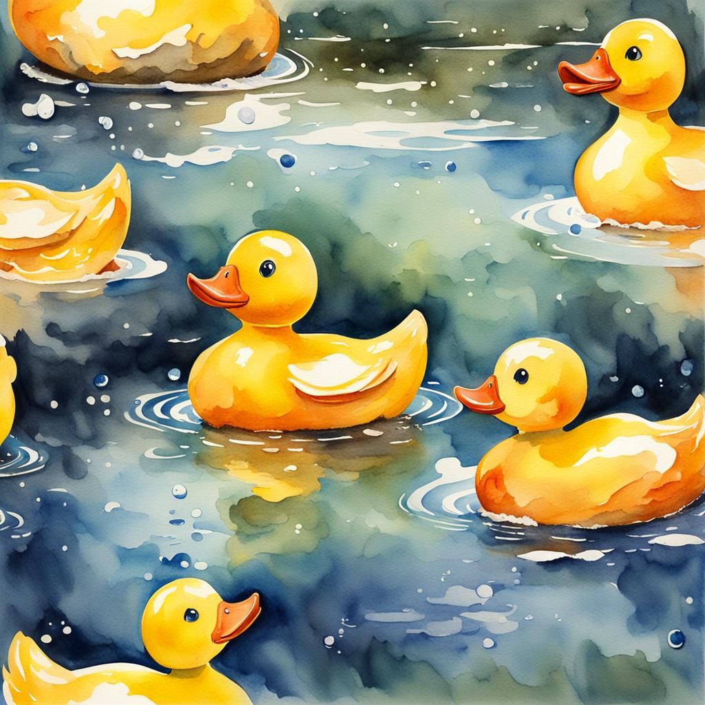 Watercolor Painting of Rubber Ducks in a River