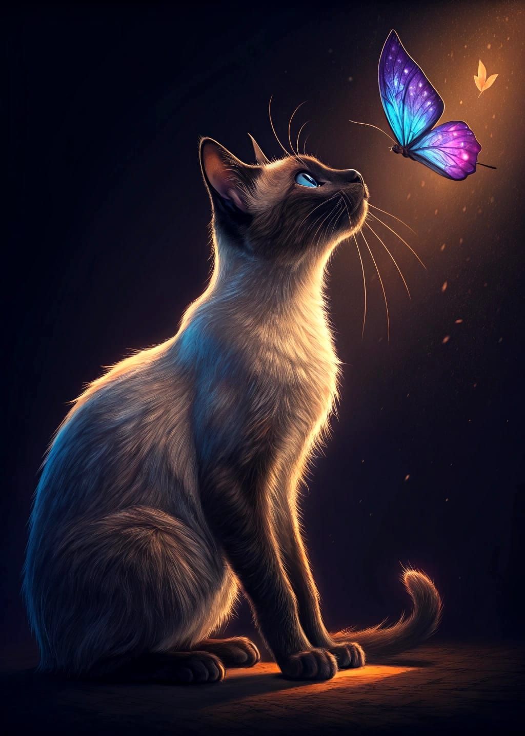 Siamese Cat Gazing at Butterfly in Hyperrealistic Style