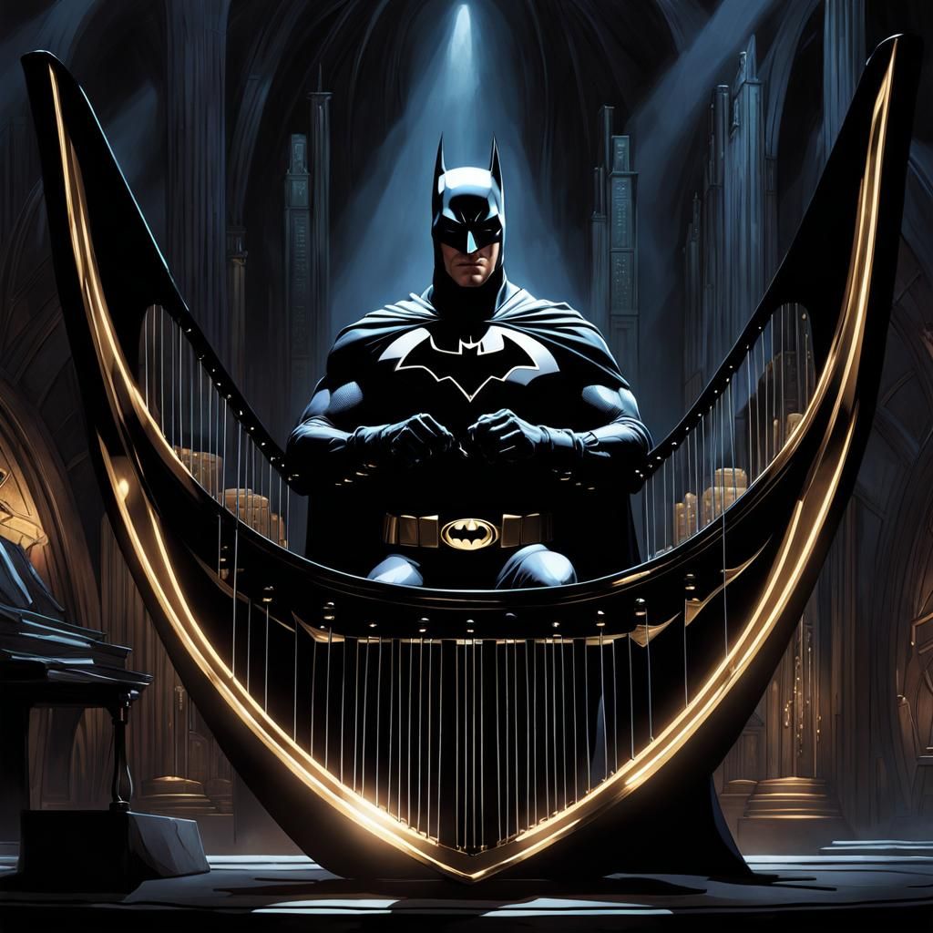 Batman Plays Harp in Batcave Portrait
