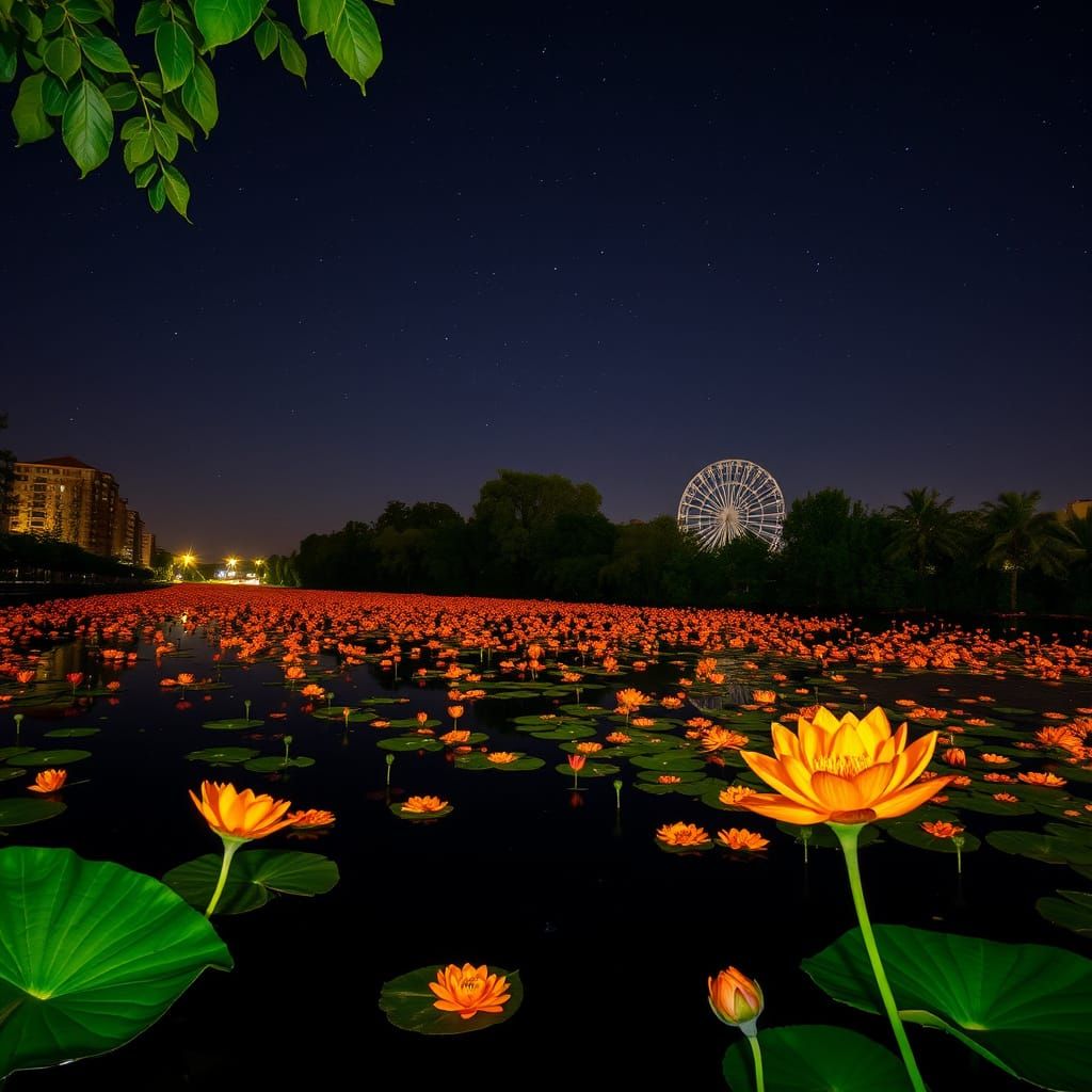 Neon Flowers Reflecting Stars at Night