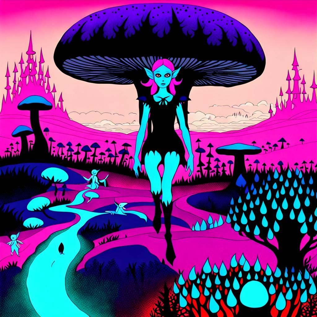 Gothic Fairy Queen on Mushroom, Fantastical Landscape