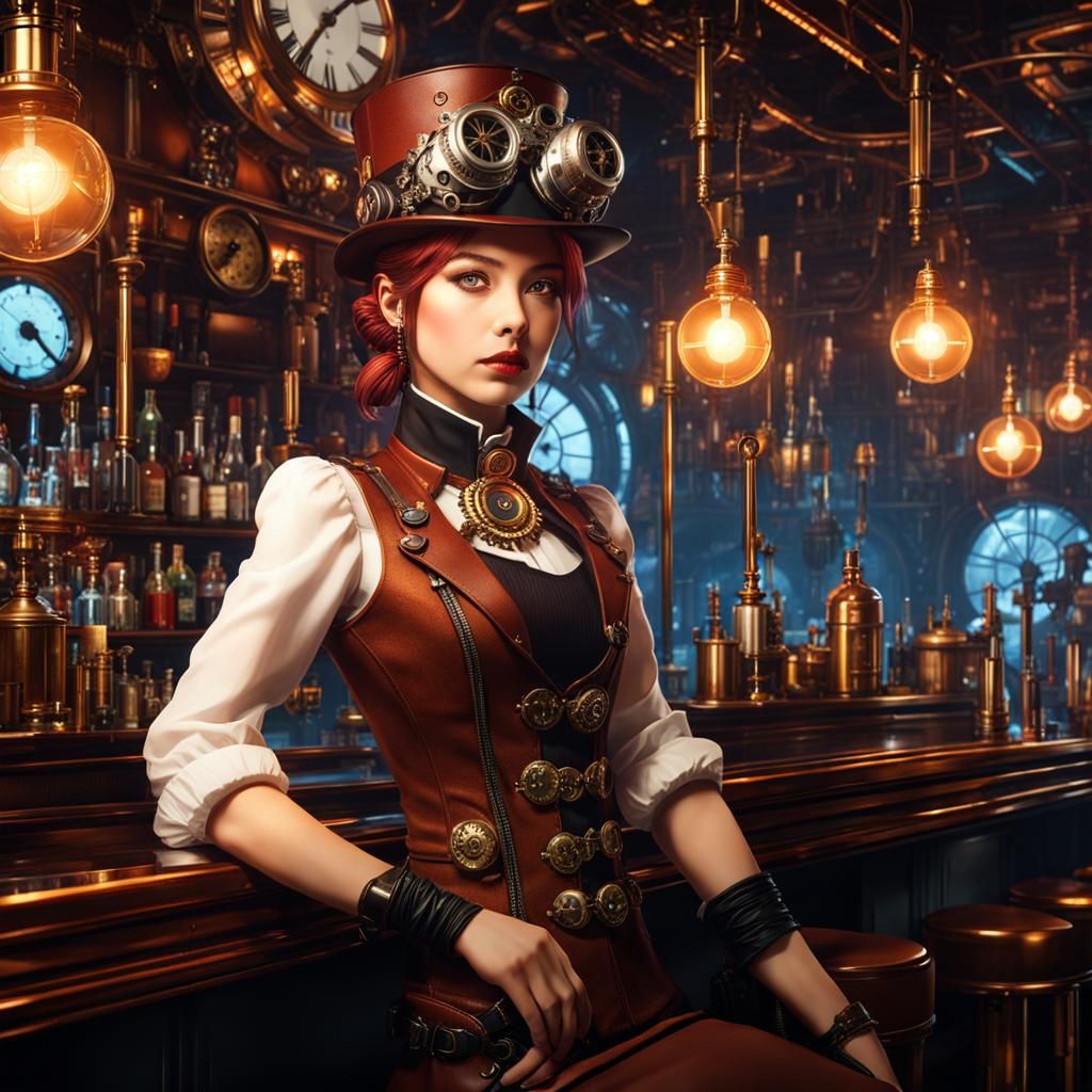 Steampunk Girl in Bar: Anime Concept Art