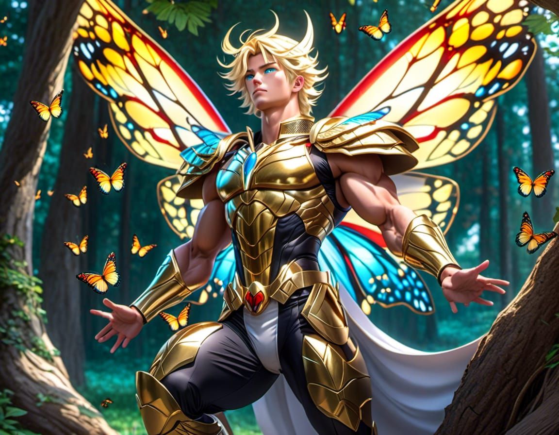 Man with Butterfly Wings in Forest, Detailed Portrait