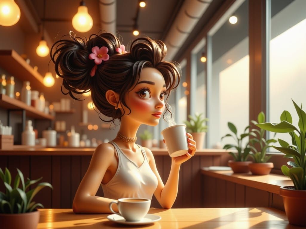 3D Cartoon Woman Enjoying Coffee at Cafe