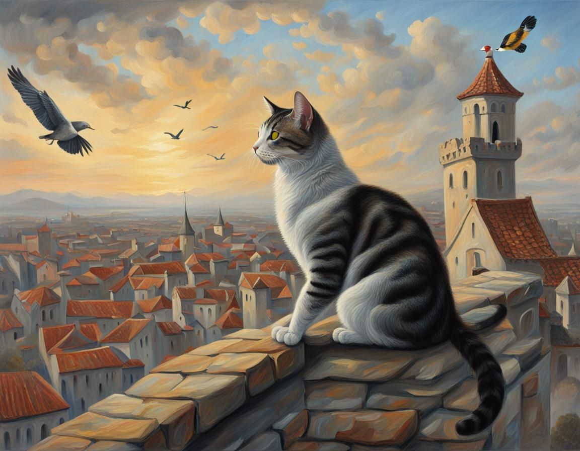 Cat Hunts Bird Atop Castle Roof: Oil Painting