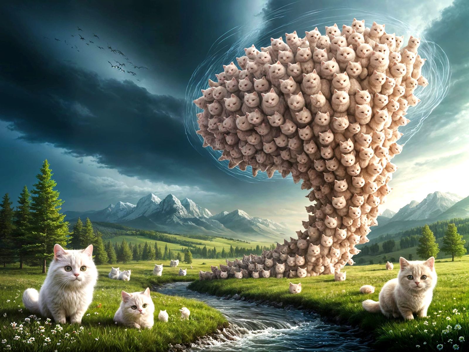 Fluffy Cat Tornado Over Stormy Landscape