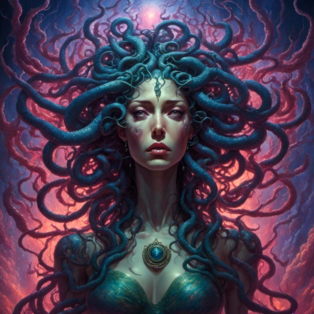 Crying Medusa Portrait with Galaxy Core Aesthetic