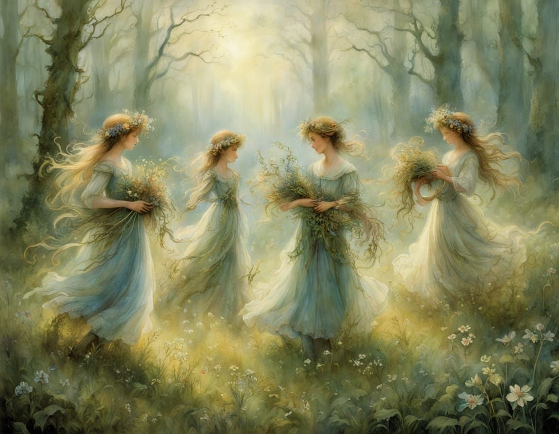 Whimsical Girls Dance in Morning Mist, in Folk Art Style