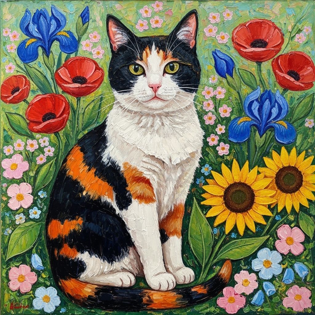 Calico Cat in Folk Art Flowers, Impasto Oil Painting