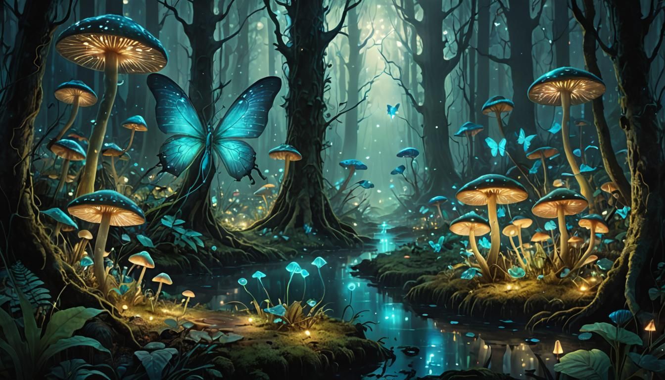 Bioluminescent Fairies in Enchanted Forest: Digital Matte Pa...