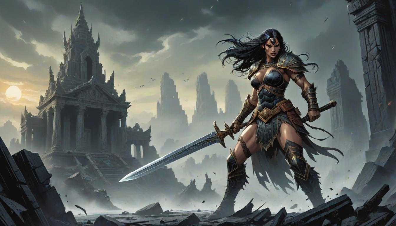 Cyberpunk-Inspired Barbarian Warrior Queen in Combat Pose