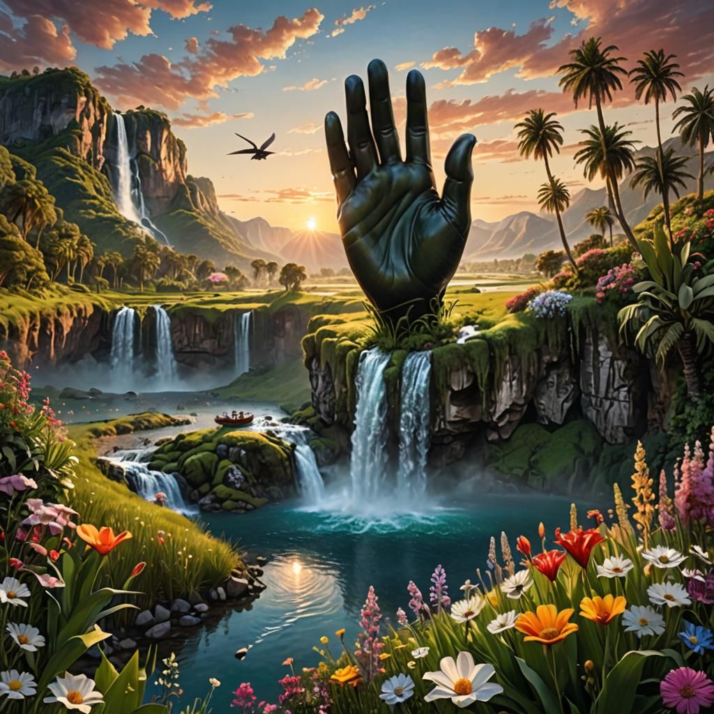 Giant Hand Meadow Sunset: Photorealistic Dreamscape