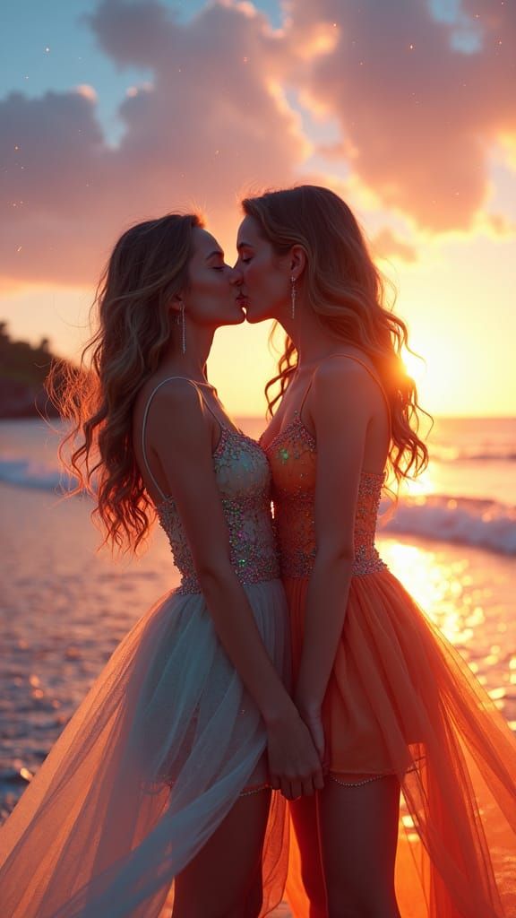 Girls Kissing on Enchanted Beach at Dusk