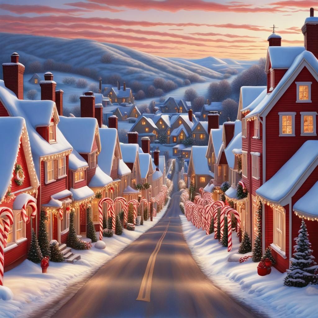 Candy Cane Village in Christmas Snow