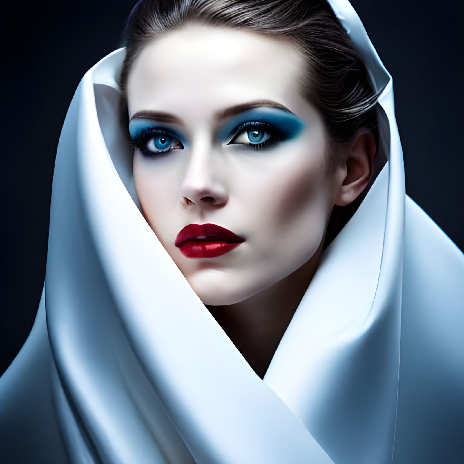 Ethereal Blue Eyes in White Blanket, Surreal Portrait