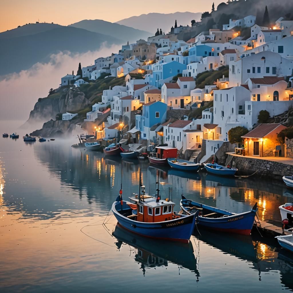 Greek Fishing Village Morning Mist 🌅🎨✨