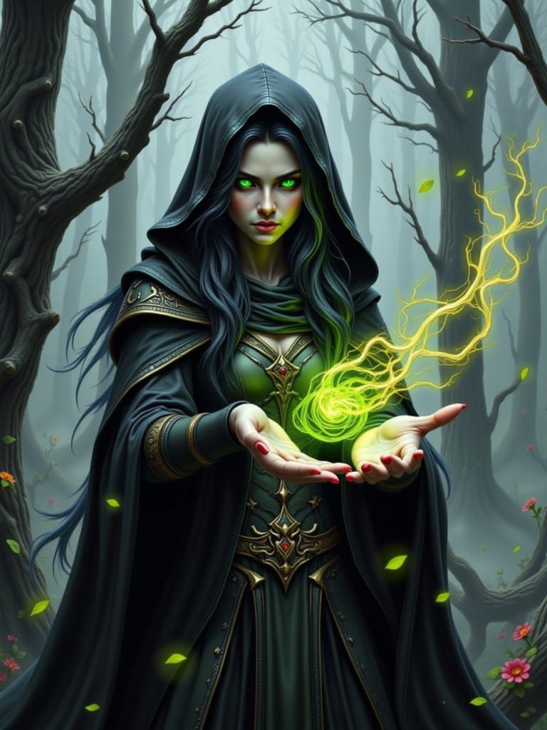 Mysterious Dark Elf Casting Spell in Dystopian Forest
