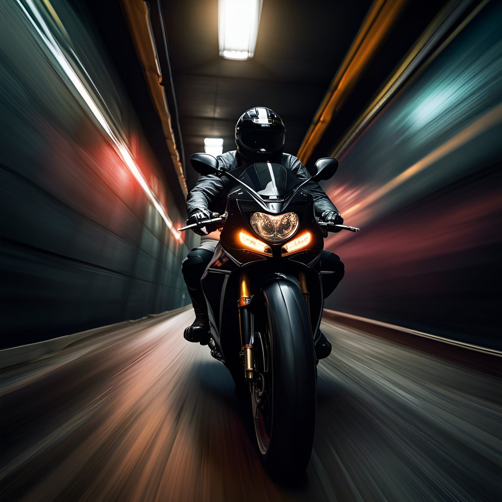 Hyperrealistic Black Motorcycle Speeds Through Urban Tunnel