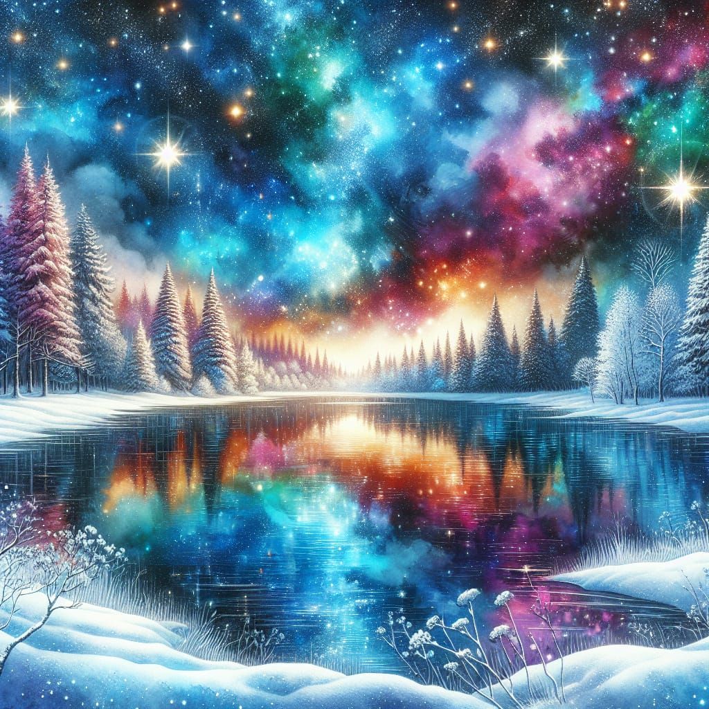 Rainbow Sky Over Winter Lake, Watercolor Painting