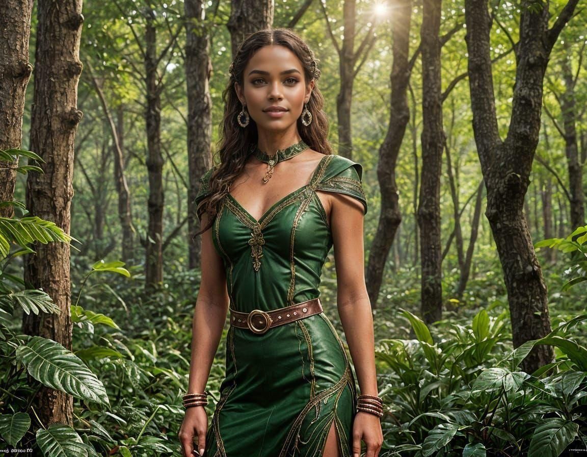 Mulatto Elf in Forest, Detailed Matte Painting