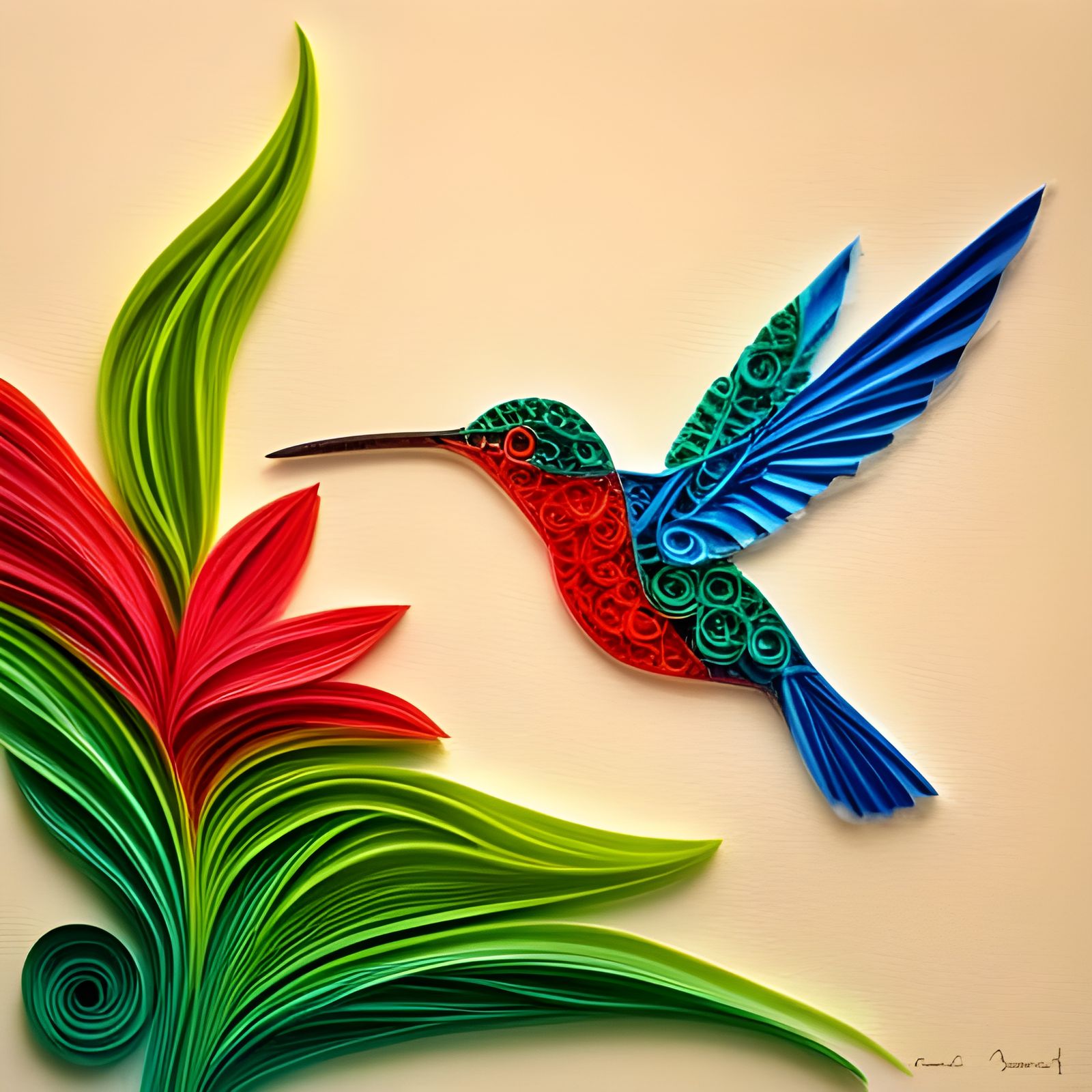 Hummingbird and Flower in Paper Quilling Style
