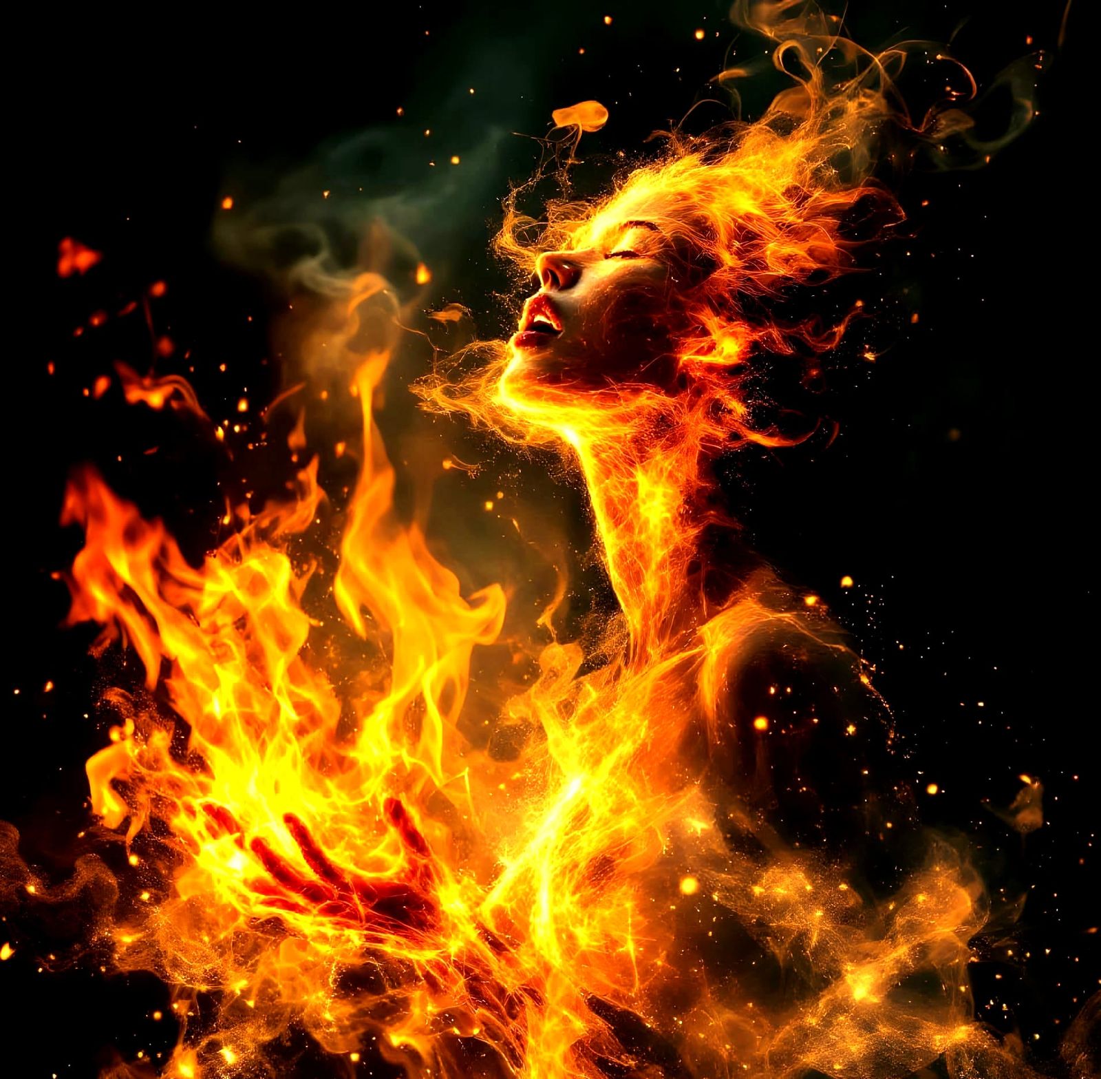 Ethereal Fire Woman in Forest Inferno