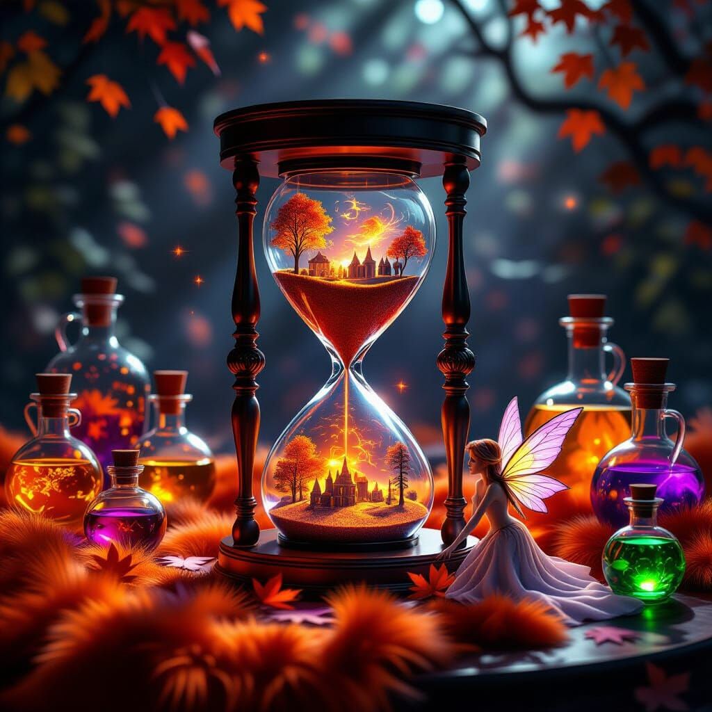 Magical Autumn Hourglass with Ethereal Fairy