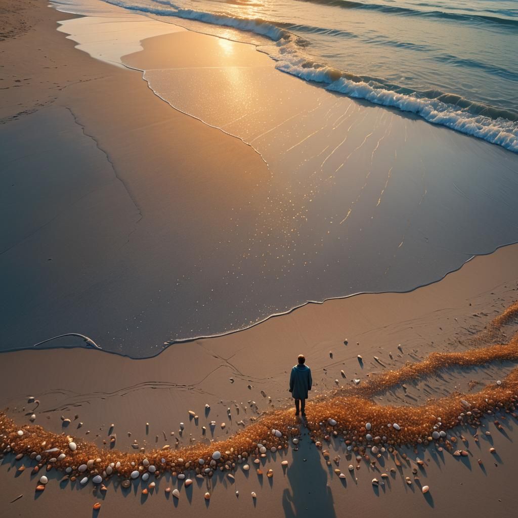 Lone Figure on Glistening Beach at Sunset