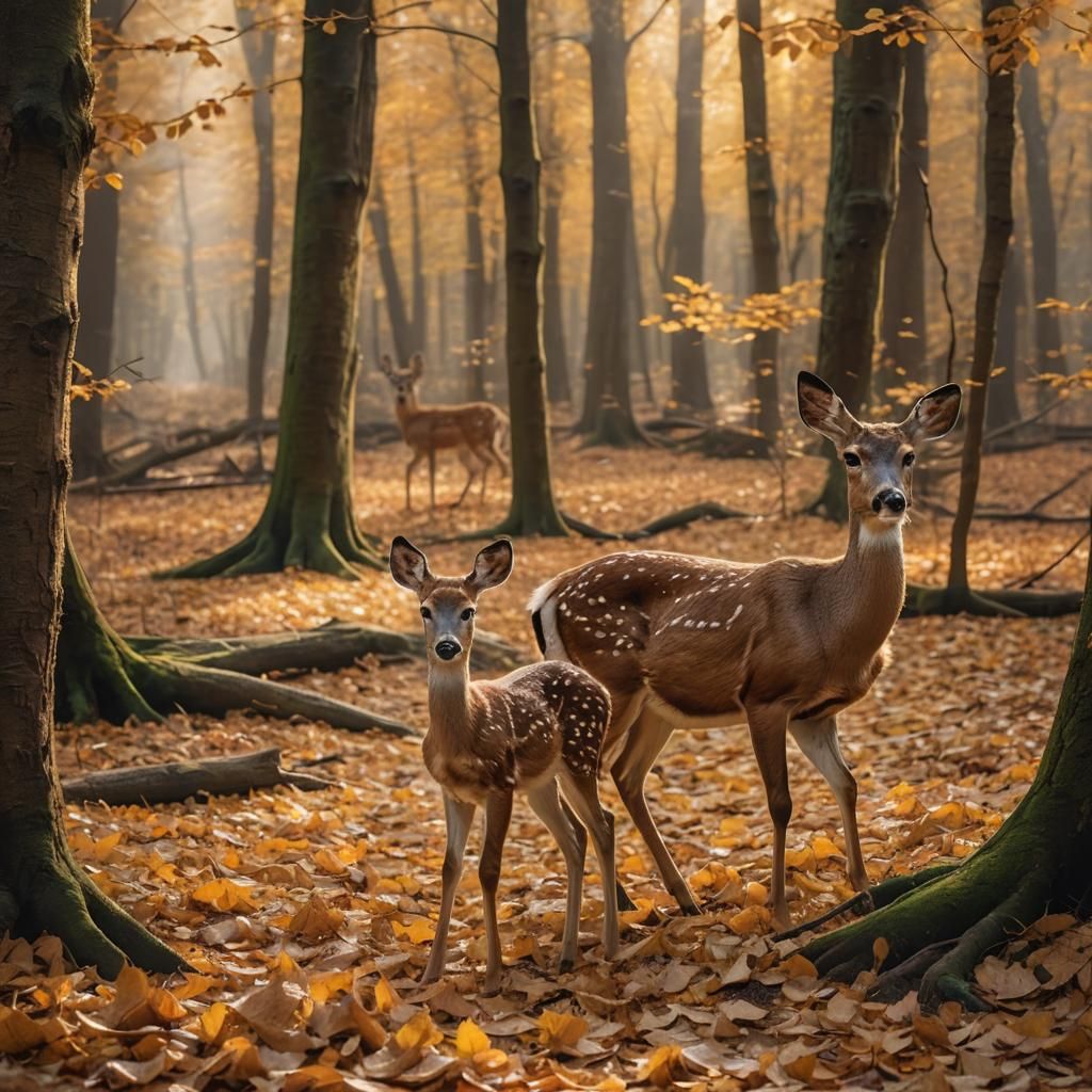 Doe and Fawn in Golden Autumn Forest