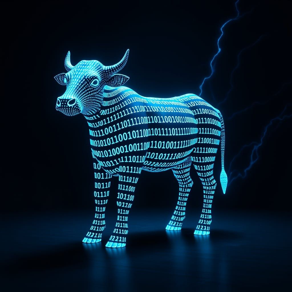 Glowing Binary Code Cow Sculpture in Cyberpunk Style