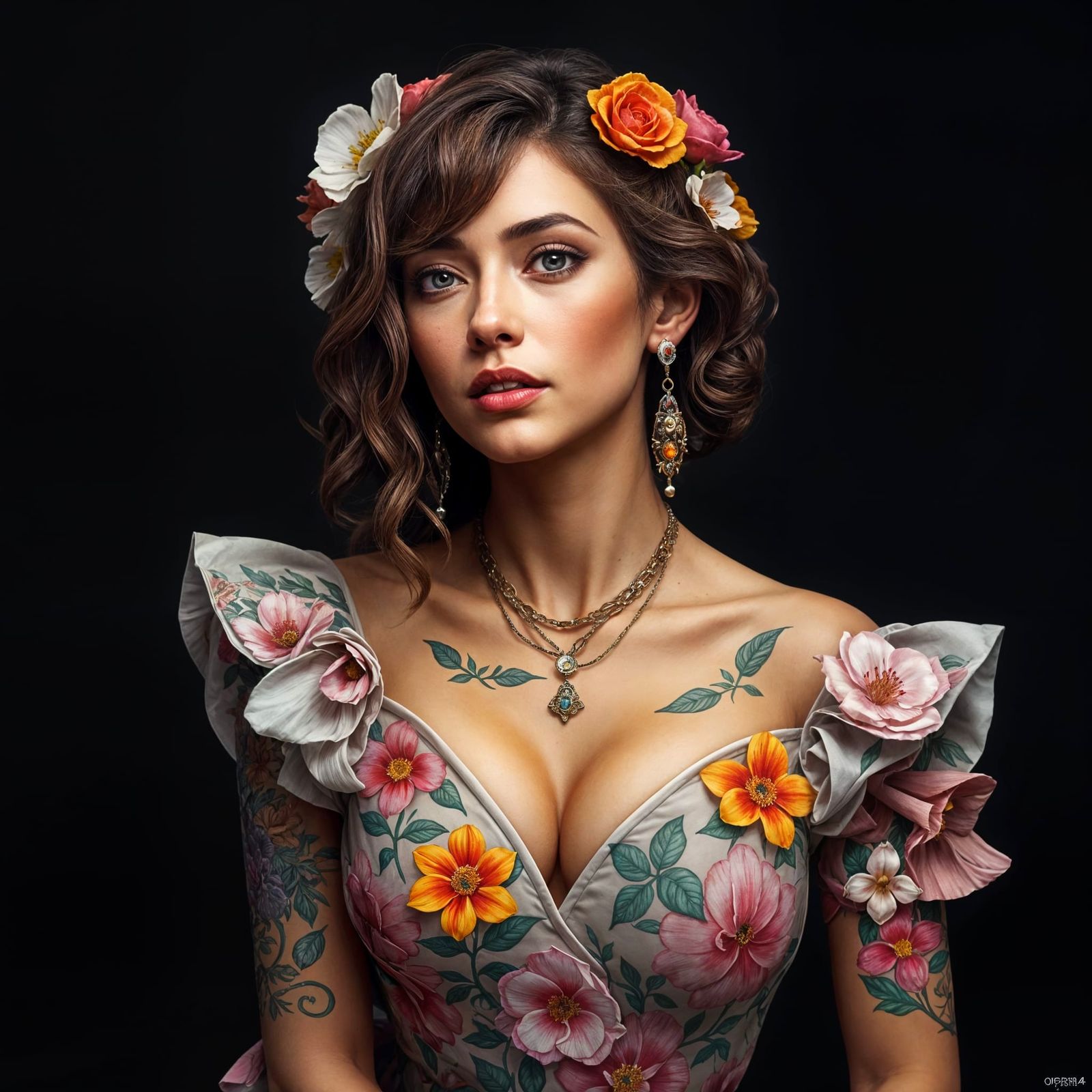 Surreal Portrait of a Woman Wearing a Colorful Floral Armor...