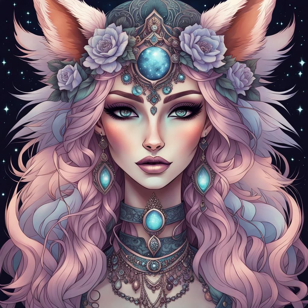 Pastel Goth Fox Woman Hybrid Under Night Sky