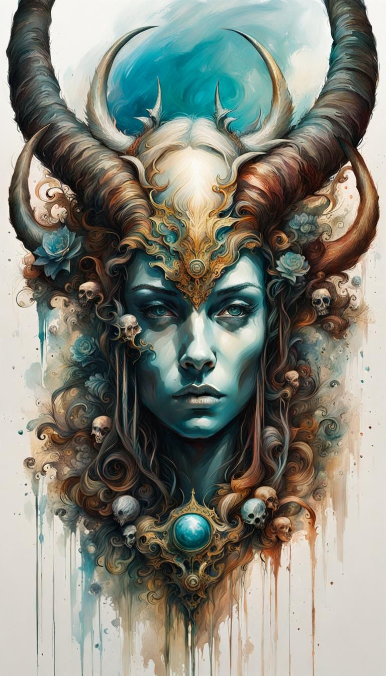 Alien BEAST, moonscape, DAMASCUS skulls, ornate HORNS, oils, romanticism by Jean-Baptiste-Camille and Carne Griffiths