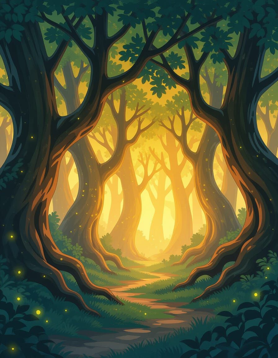 Magical Twilight Forest With Fireflies in Anime Style