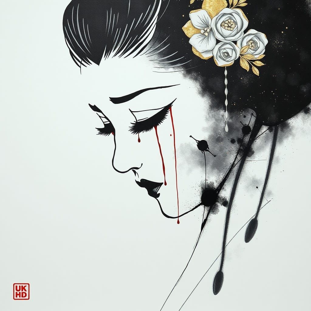 Geisha Crying Bloody Tears in Sumi-e Style