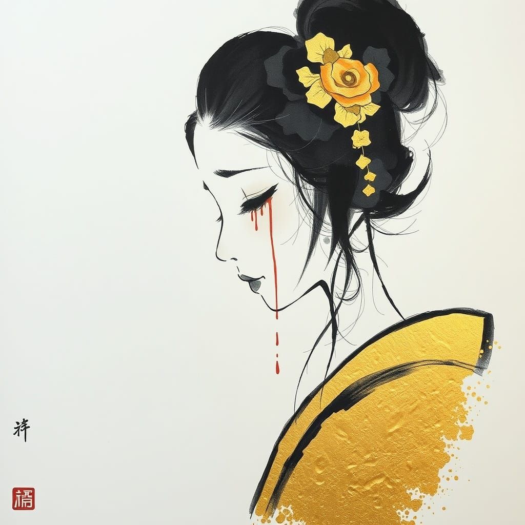 Geisha Weeps Bloody Tears in Ethereal Sumi-e Art