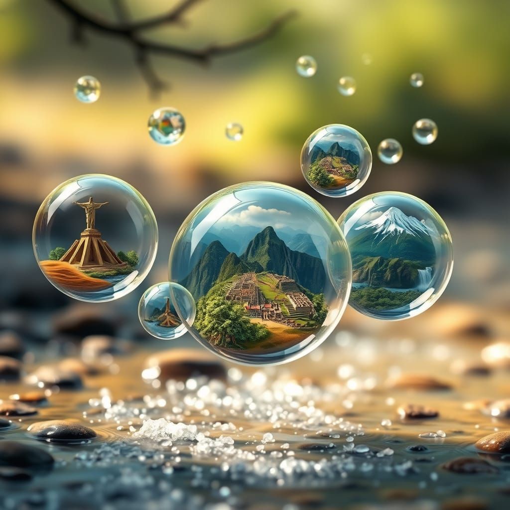 Miniature Landscapes in Bubbles, Whimsical Animation Style