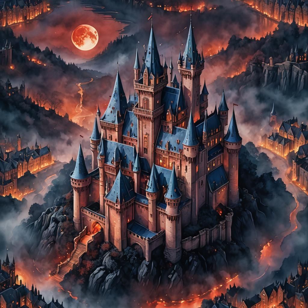 Gothic Castle Under Blood Moon: Digital Watercolor Illustrat...