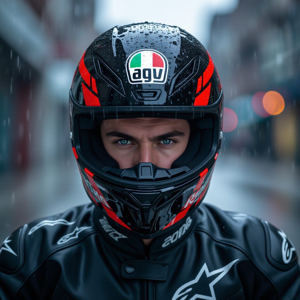 Biker with Racing Helmet in Rainy Urban Scene