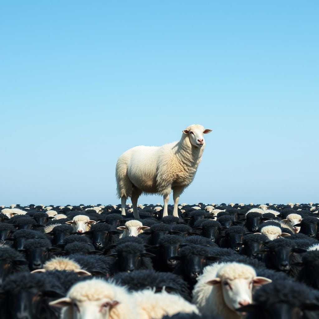 A Lone White Sheep Surrounded by a Flock of Black Sheep in a...