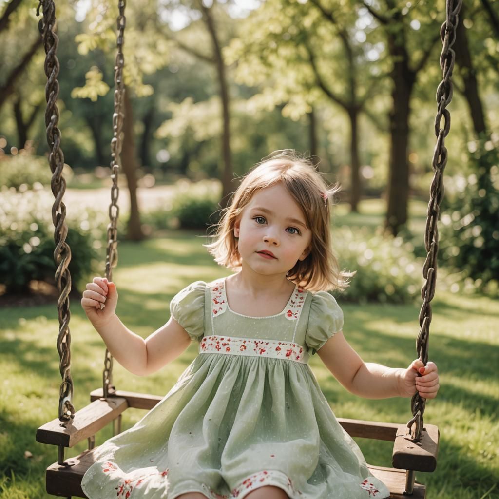 Baby Girl Swinging in Lush Yard: Soft Focus Portrait
