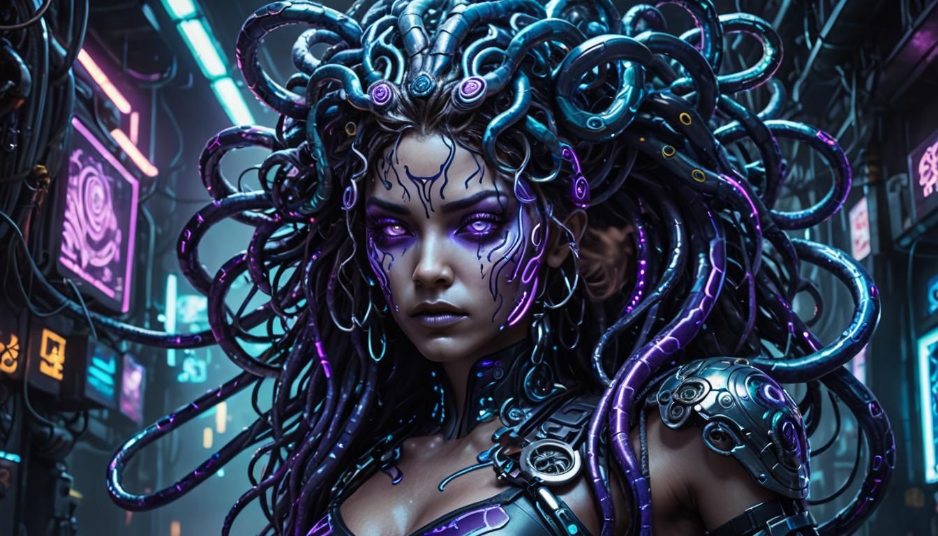 Futuristic Cyberpunk Medusa with Chrome Snakes