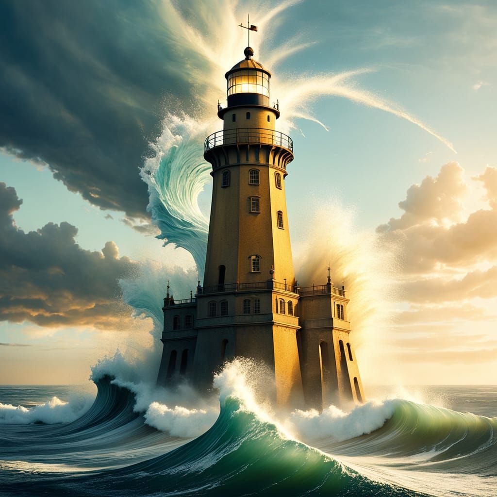 A light tower surrounded by crashing waves
